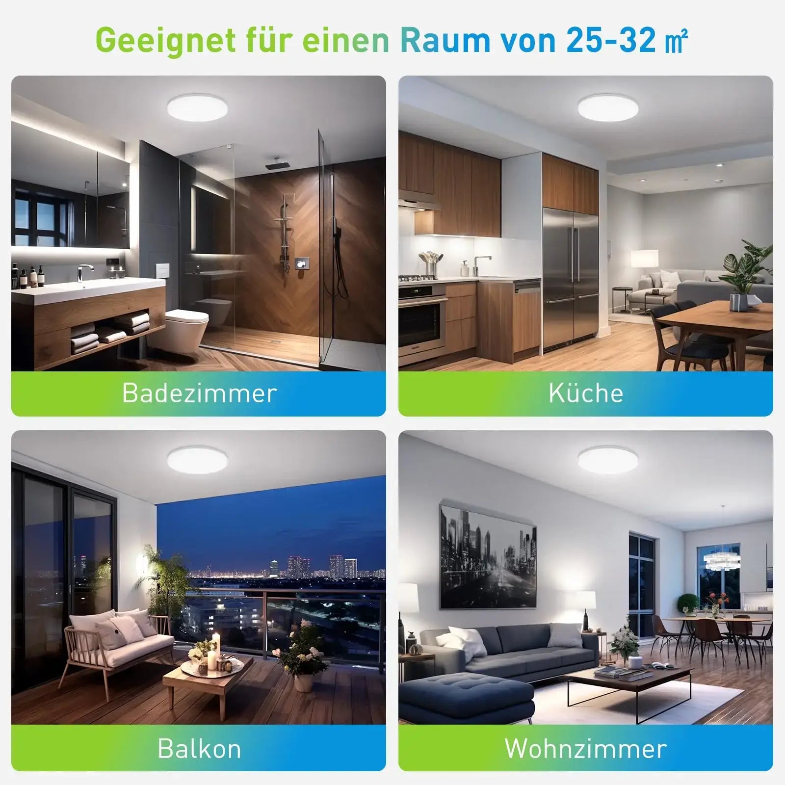 Round LED Ceiling Light shown in bathroom, kitchen, balcony, and living room. Suitable for 25–32 m² rooms with versatile lighting.
