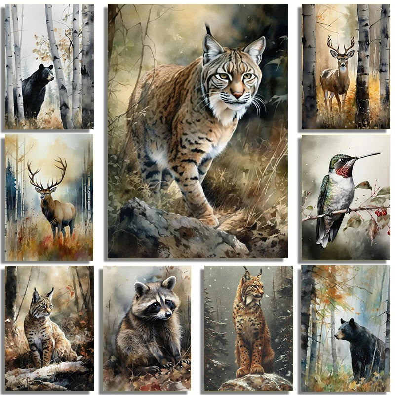 Forest Wildlife Art Poster - Watercolor Canvas Printing featuring a collage of woodland animals like deer, bear, fox, and lynx in forest settings. Ideal for rustic home decor.