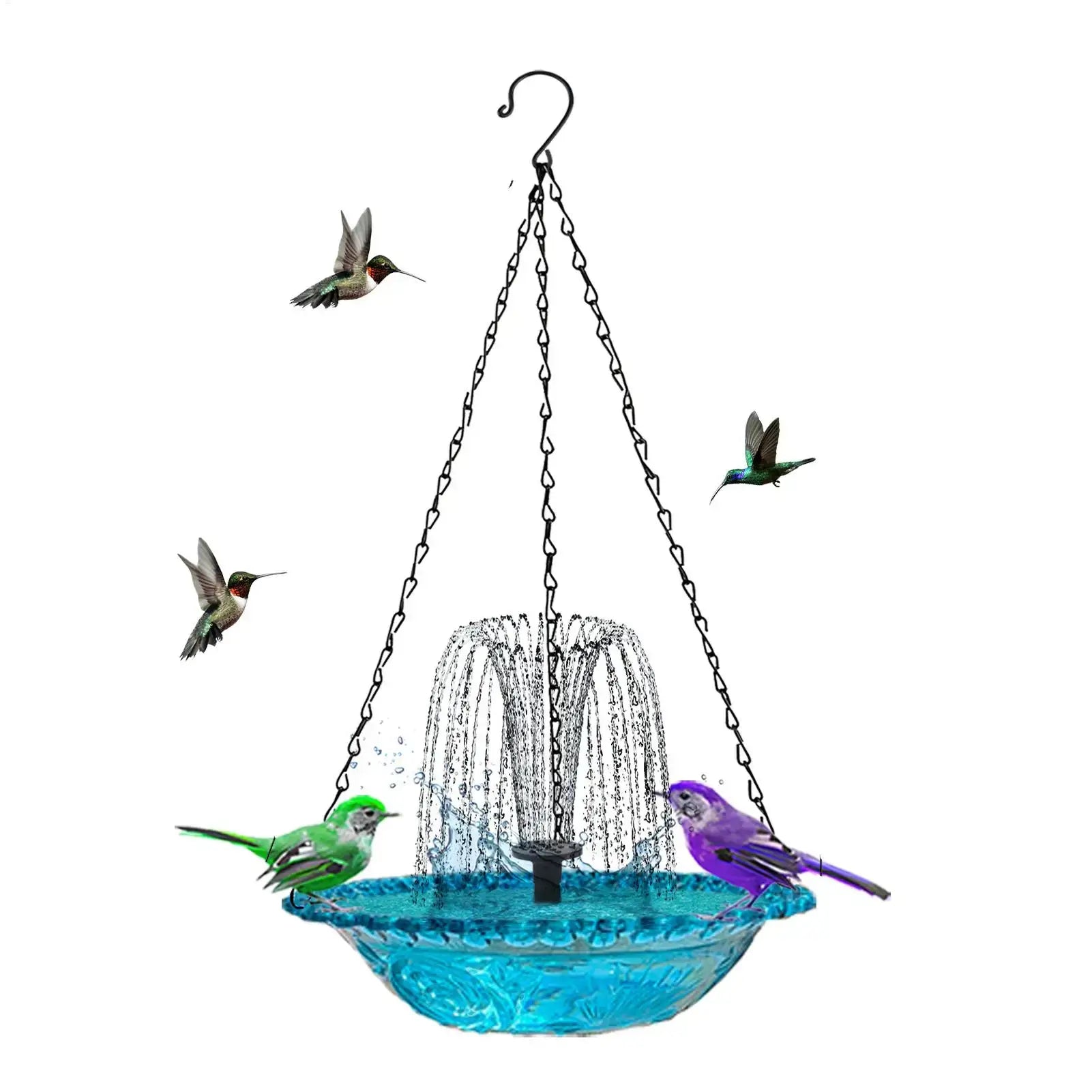 Durable Hanging Solar Bird Bath with cascading fountain and vibrant birds, perfect for outdoor garden decor and birdwatching enthusiasts.