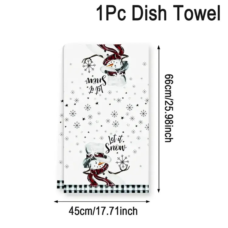 Two-piece Christmas dish towel set with gnome, tree, and gift illustrations. Cotton towels sized 40x48cm for festive kitchens.