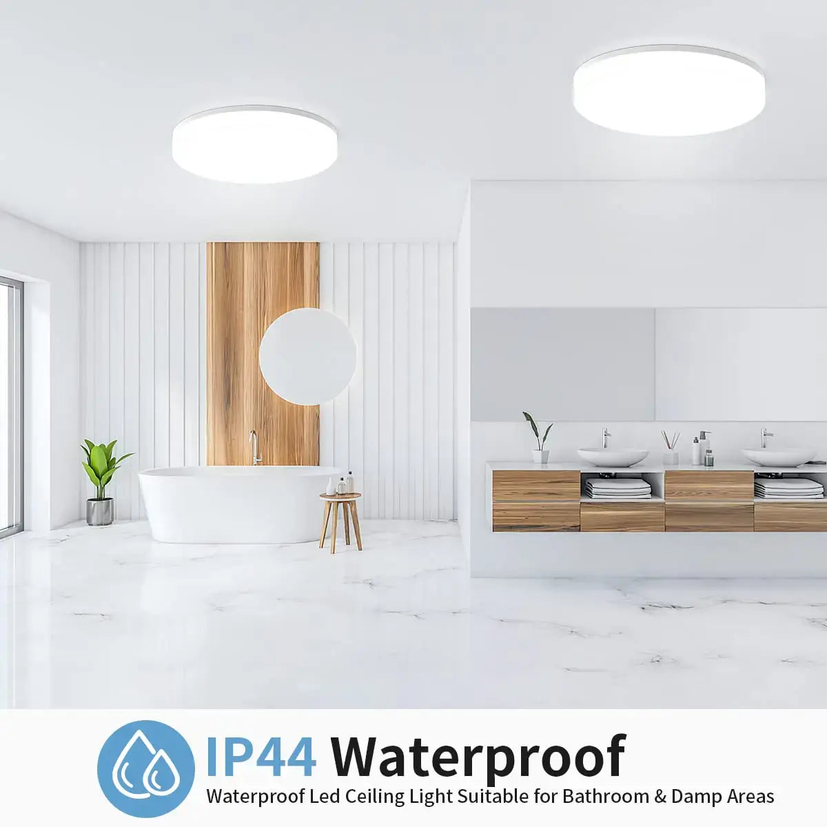 IP44 waterproof Round LED Ceiling Light in a white bathroom. Perfect for damp areas like bathrooms with modern minimalist style.