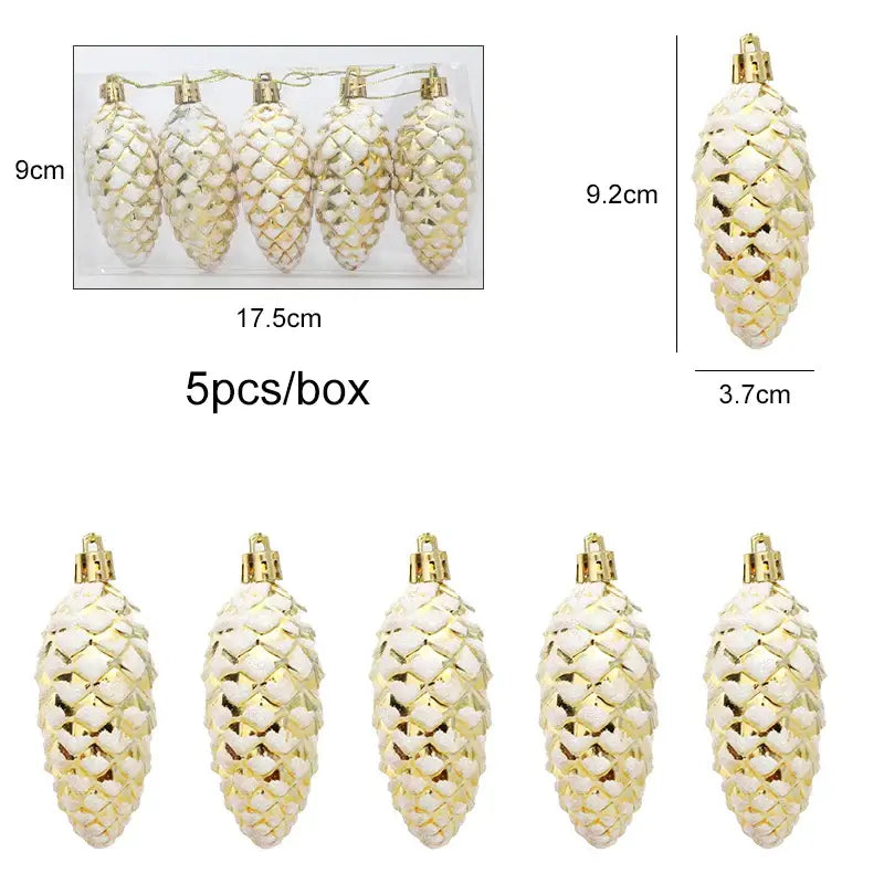 Gold 5Pcs Christmas Pinecone Hanging Pendants set with snow-dusted texture, shown with box and measurements.