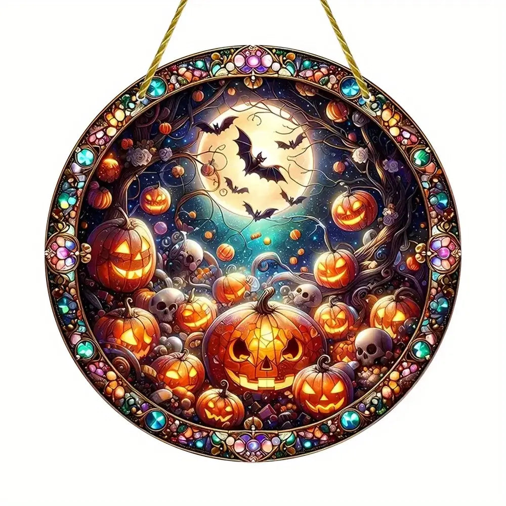 Halloween-themed window decoration with glowing pumpkins, bats, and skulls under a full moon, ideal for festive decor.