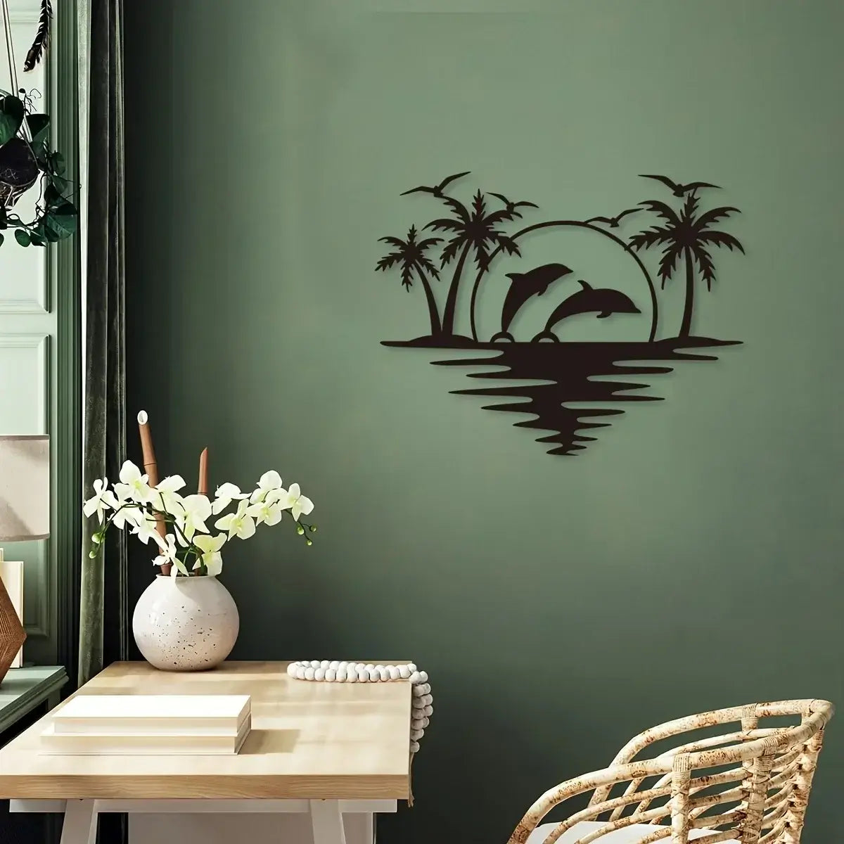Dolphin Coconut Tree Hook - Indoor Outdoor Decor on a sage green wall, complementing natural home aesthetics with tropical flair.