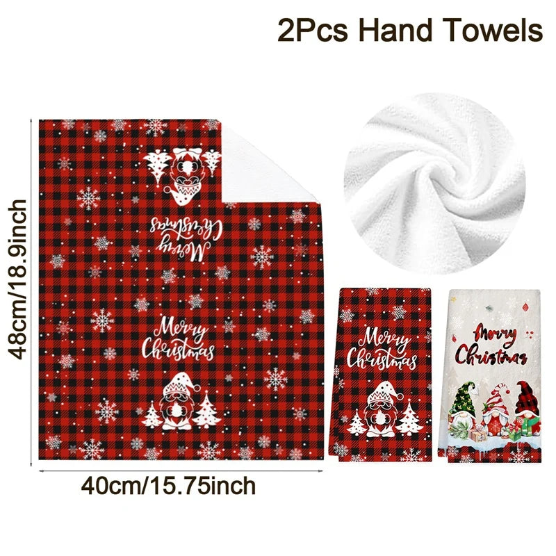 2pcs Christmas Kitchen Dishtowels featuring Santa and snowman designs with red plaid and festive text, ideal for holiday kitchen décor.