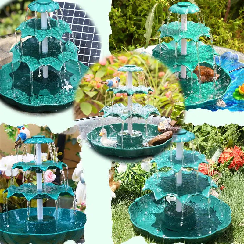 Multiple views of the 3-Tier USB Bird Bath Fountain in garden settings, showing birds enjoying the water flow.