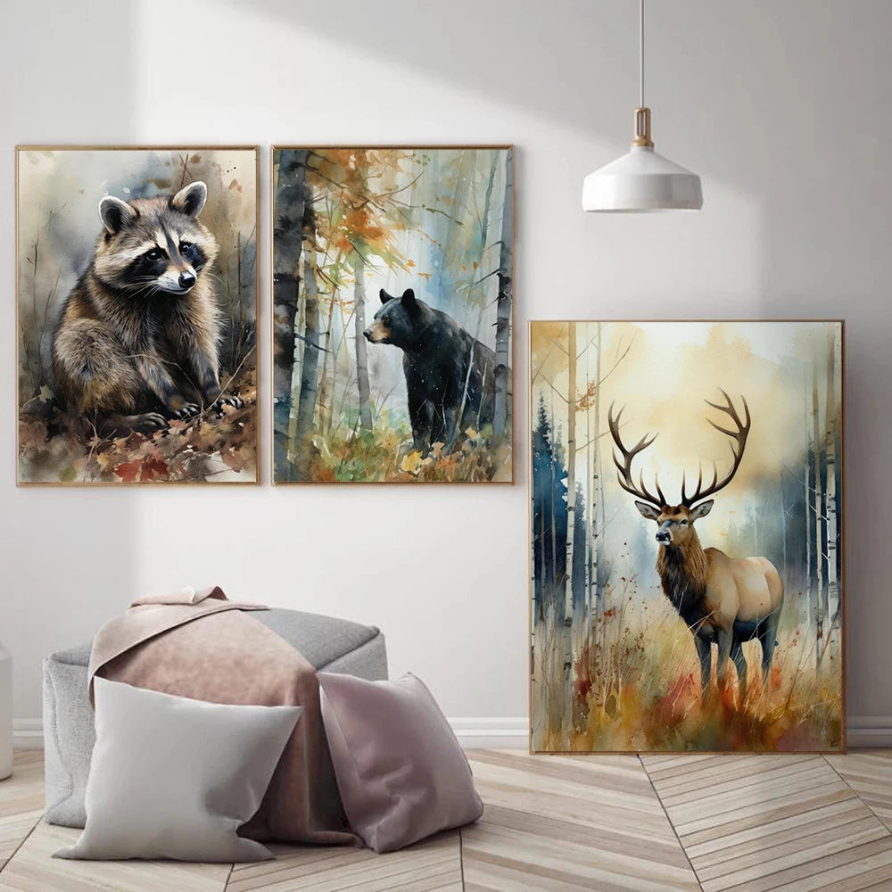 Forest Wildlife Art Poster - Watercolor Canvas Printing displayed in a modern room with raccoon, bear, and elk prints. Perfect for nature-themed wall decor.