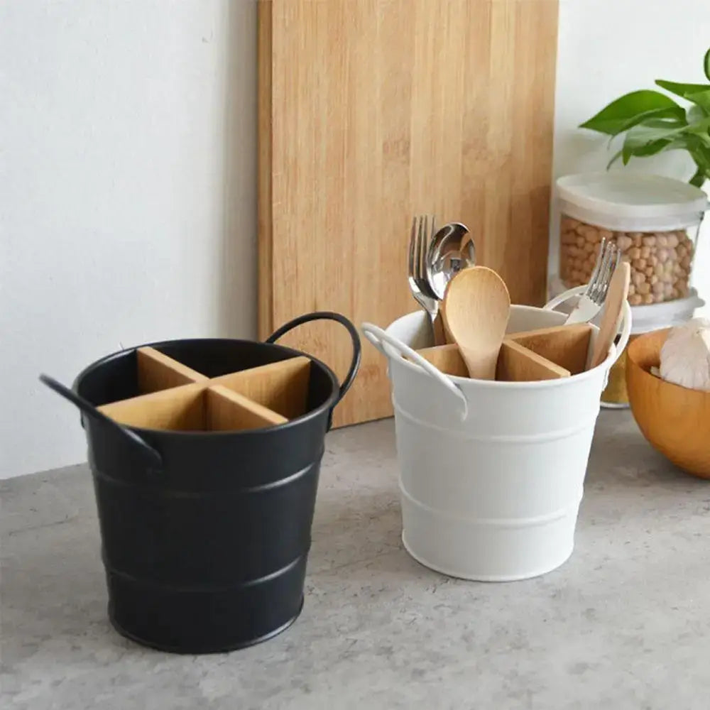 Black and white Bamboo Cutlery Organizers with metal holders and wooden dividers, perfect for organizing kitchen utensils stylishly.