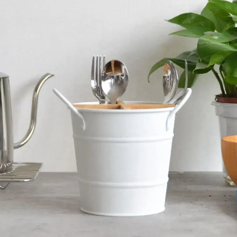 White Bamboo Cutlery Organizer - Divider & Metal Holder with spoons and forks, a compact and elegant kitchen utensil holder.