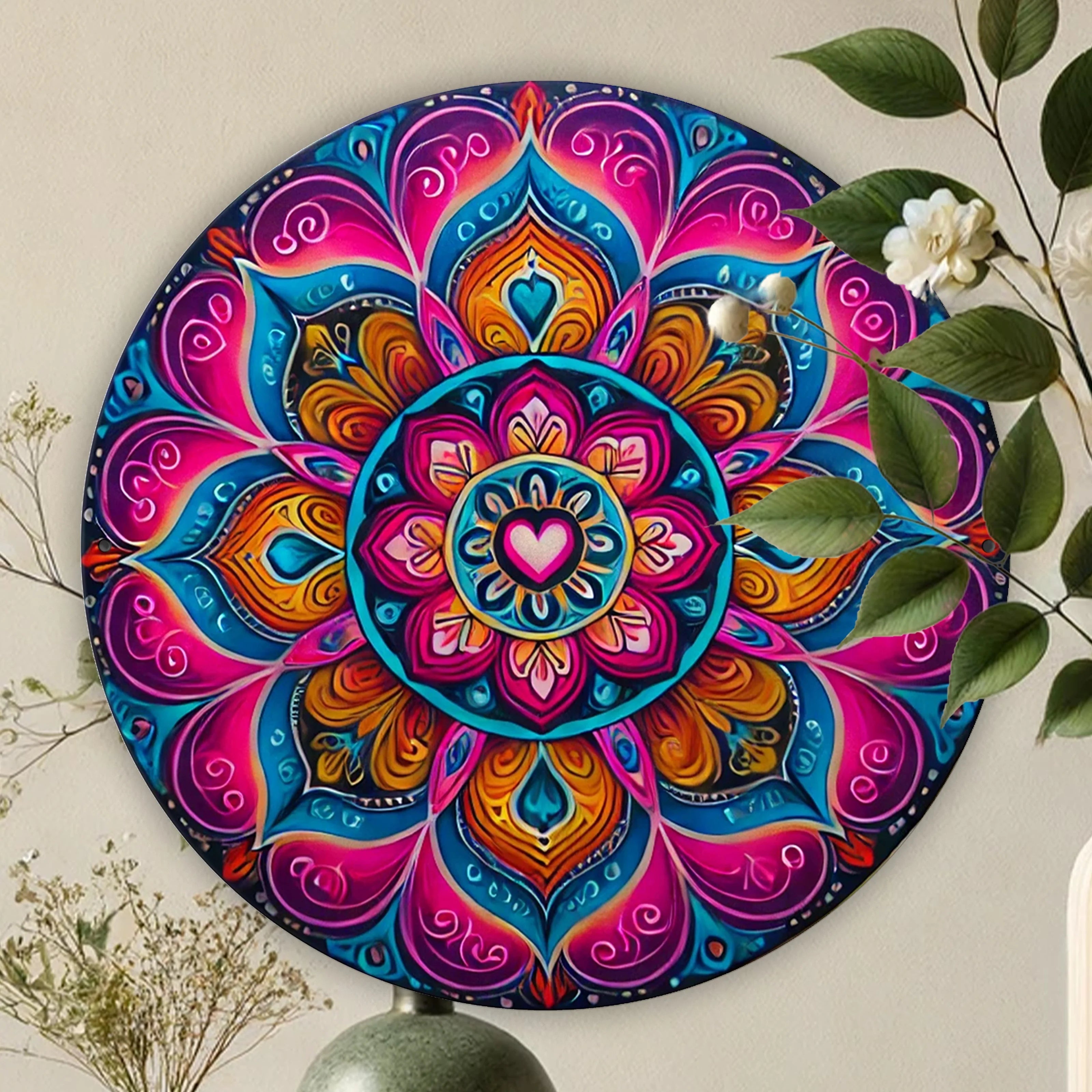 Bold and colorful Mandala Metal Wall Art displayed on wall with surrounding greenery. Enhances home ambiance with spiritual and vibrant design.