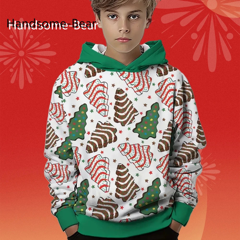 Kids Christmas Hoodie — 3D Printed Santa & Christmas Tree Pullover Sweatshirt