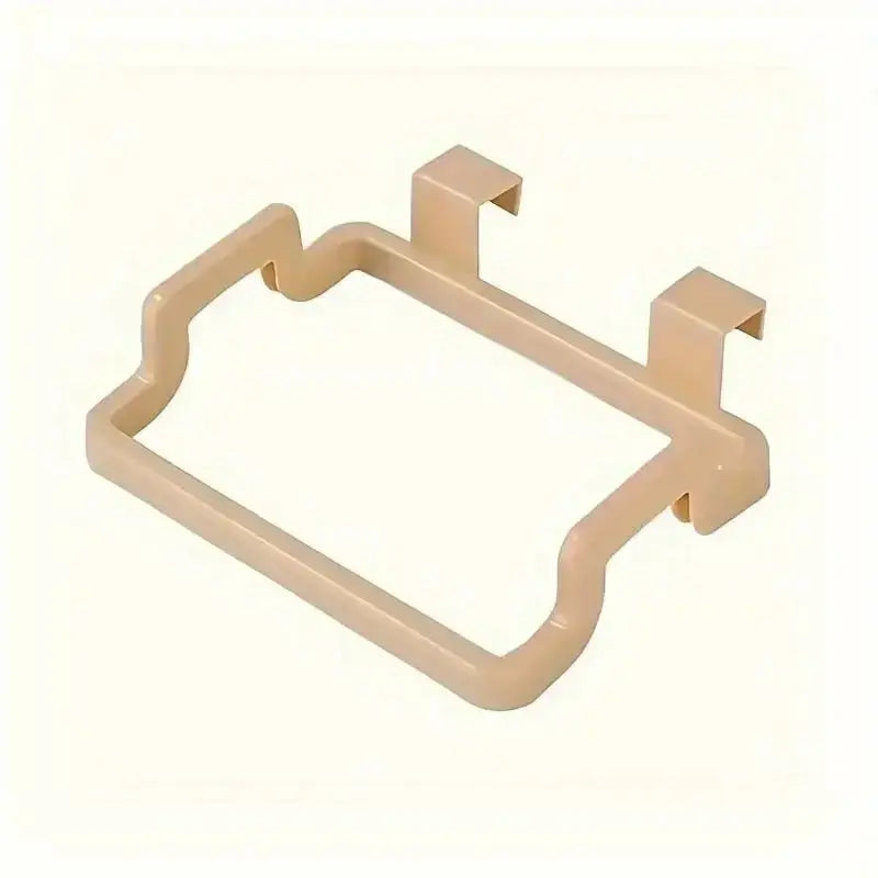 Beige cabinet door trash bag hook with no-drill installation. Compact and sturdy design for under sink waste organization.