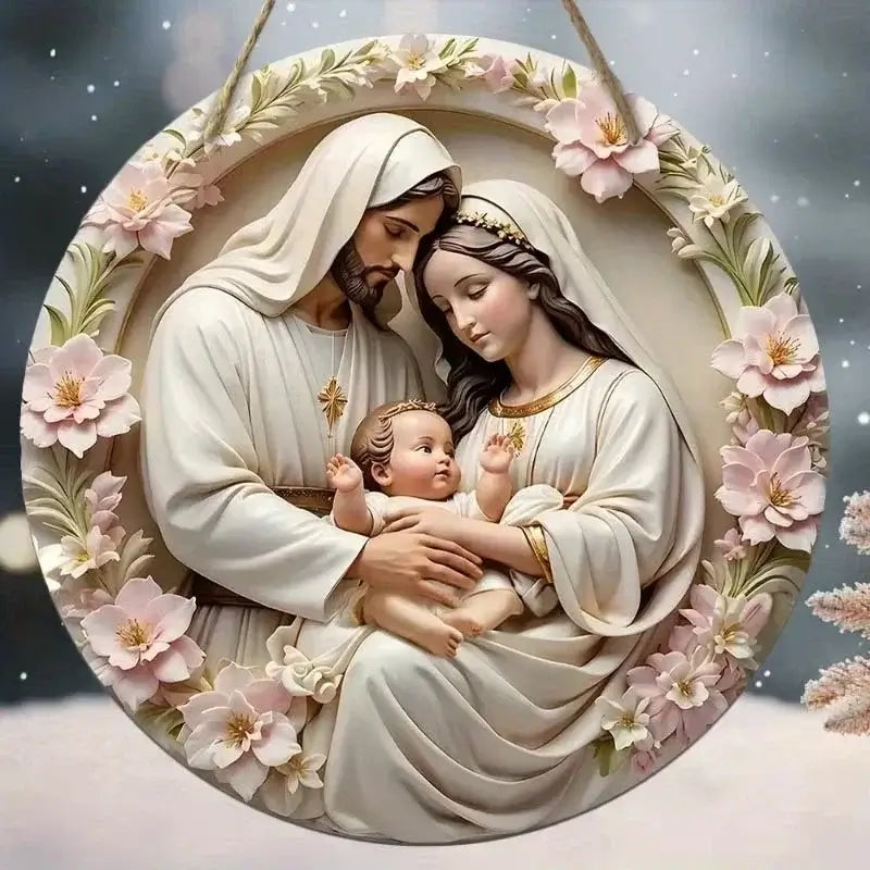 Holy Family round metal sign with Virgin Mary, Joseph, and baby Jesus surrounded by pink flowers. Perfect for Christmas or religious décor.