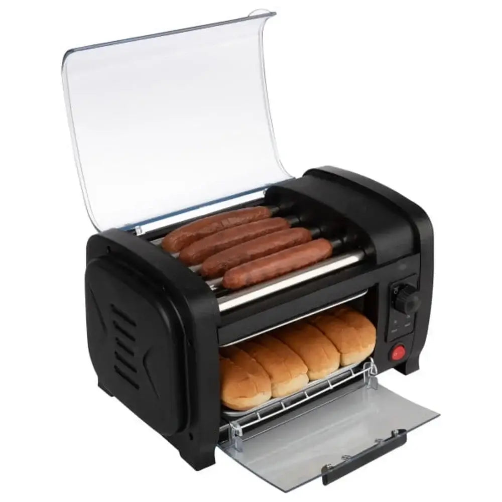 Angled view of Stainless Steel Hot Dog Roller with Bun Warmer showing grilling sausages and bun tray, compact design for kitchen counters.