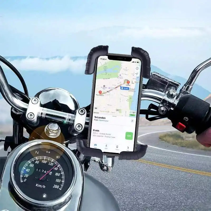 360° View Phone Holder - Motorcycle Bicycle Compatible attached to a motorcycle handlebar, holding a phone securely while navigating.