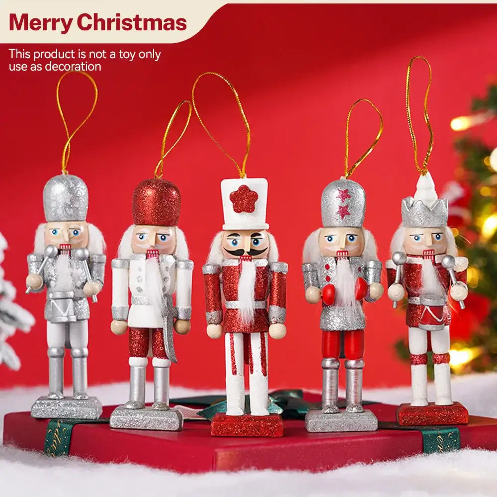 Wooden Nutcracker Soldier Set - 5Pcs Handcrafted in red, white, and silver with hanging loops, ideal for Christmas tree decoration or gifting.