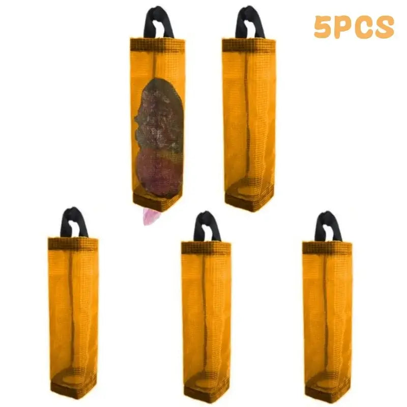 5PCS orange mesh kitchen plastic bag holders for organizing plastic bags. Durable and breathable design for efficient home storage.