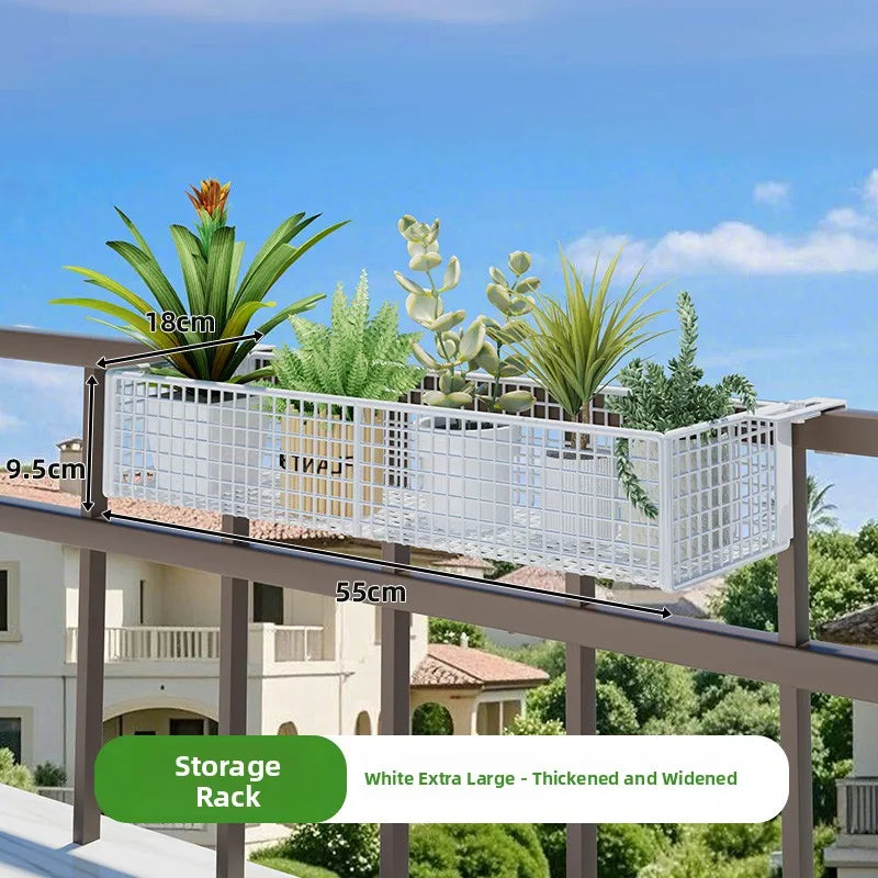 White extra large Balcony Plant Stand Windowsill, 55cm wide and 18cm tall. Thickened metal frame for maximum plant capacity.