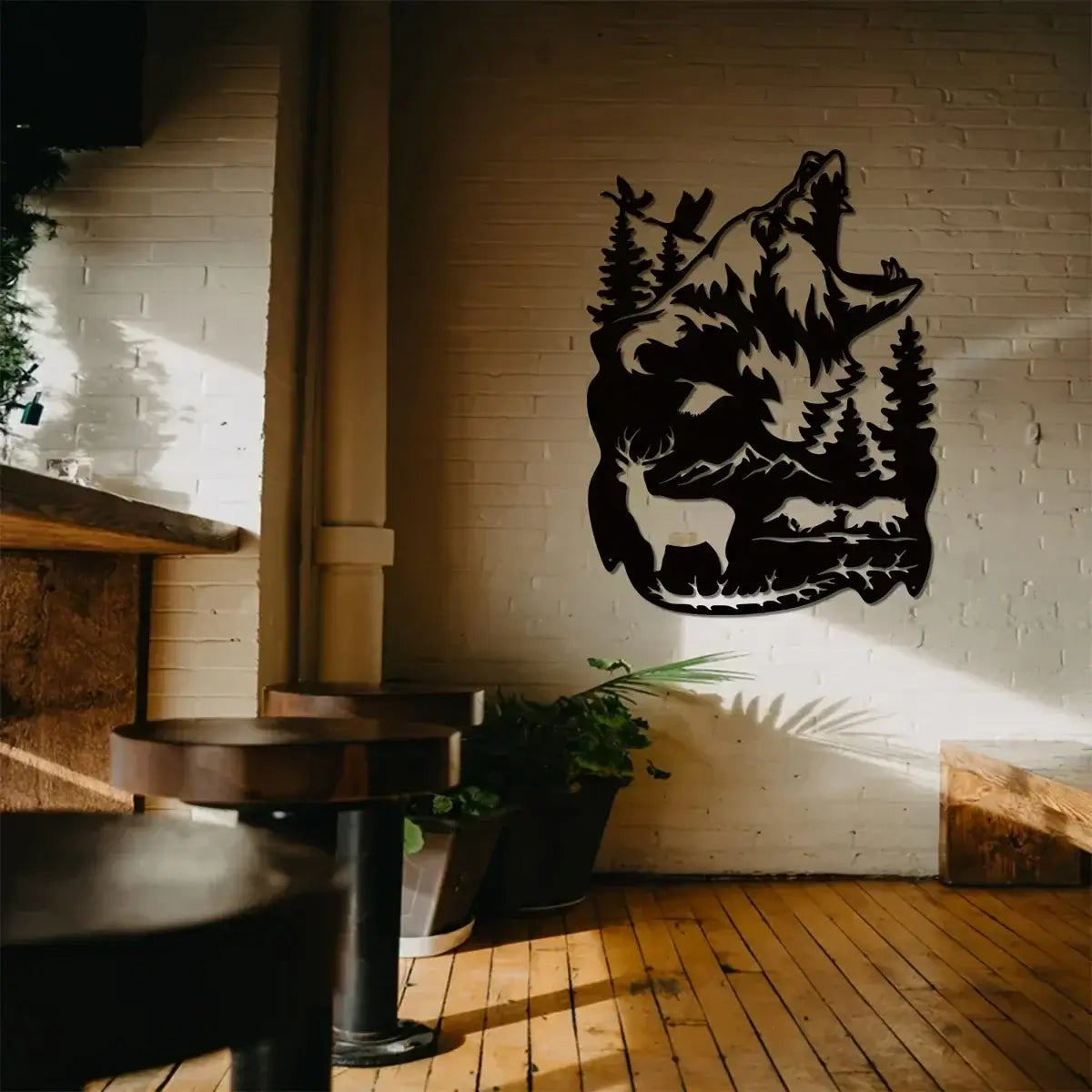 Bear Deer Metal Art Sign in a wooden-floored room with natural lighting, adding a rustic touch to indoor garden spaces.