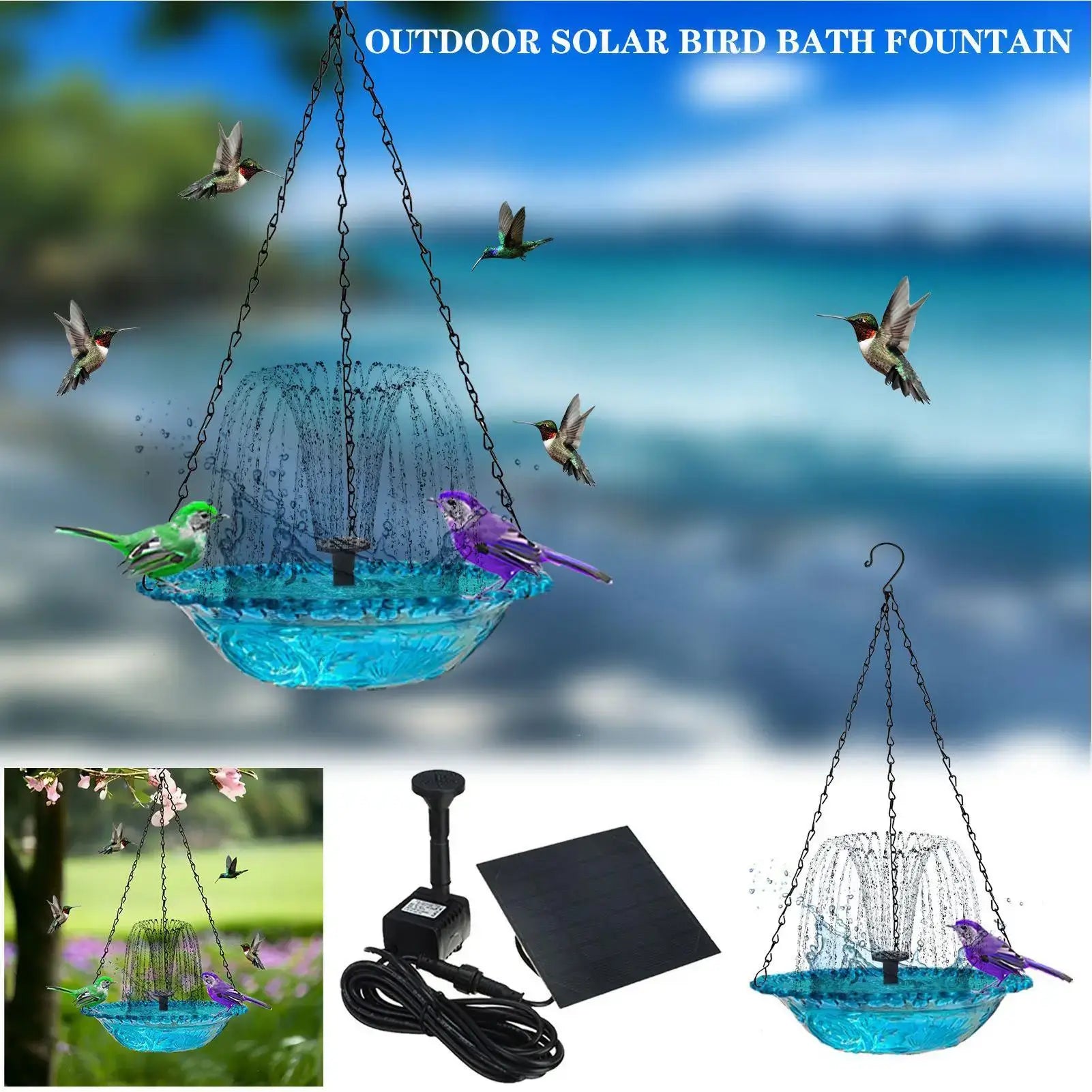 Outdoor Hanging Solar Bird Bath Fountain with solar panel and pump, ideal gift for nature lovers, durable ABS metal for garden decor.