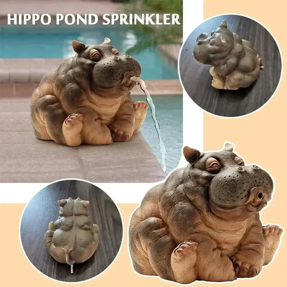Collage of Hippo Decor Pond Spitter Statue Outdoor Sprinkler showing multiple angles. Fun and functional garden fountain for ponds and patios.