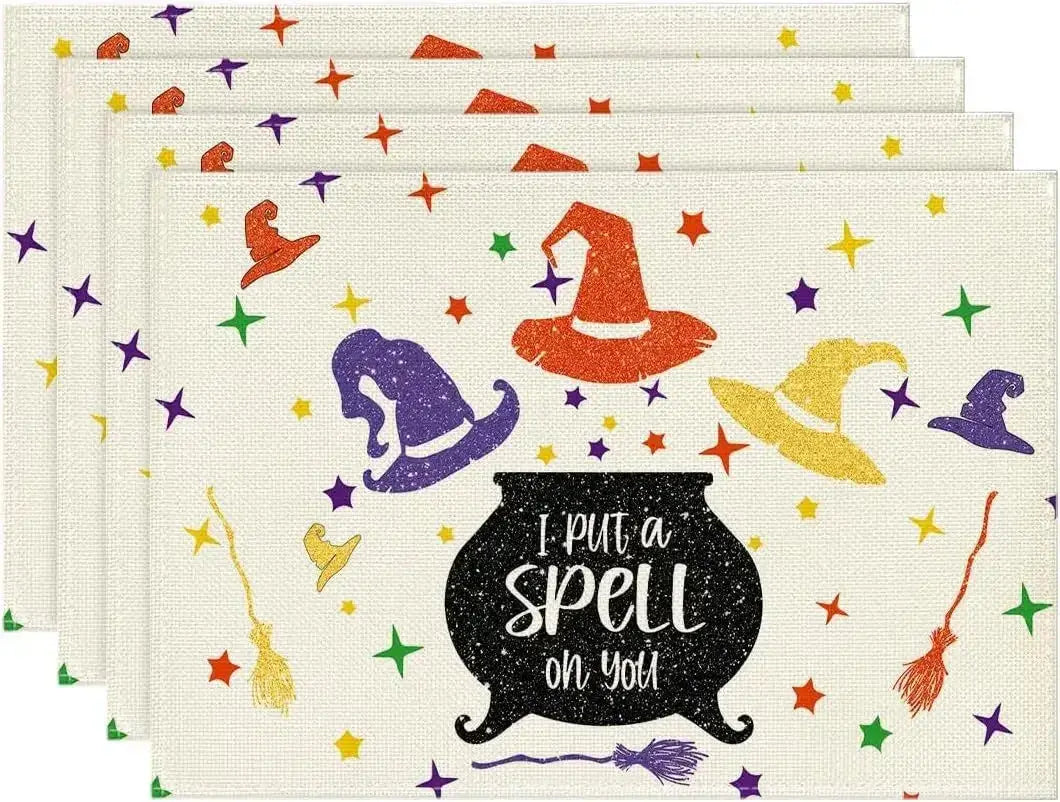 4PCS Halloween Table Placemats - Linen with witch hats, stars, and 'I Put a Spell on You' cauldron. Magical Halloween table theme.