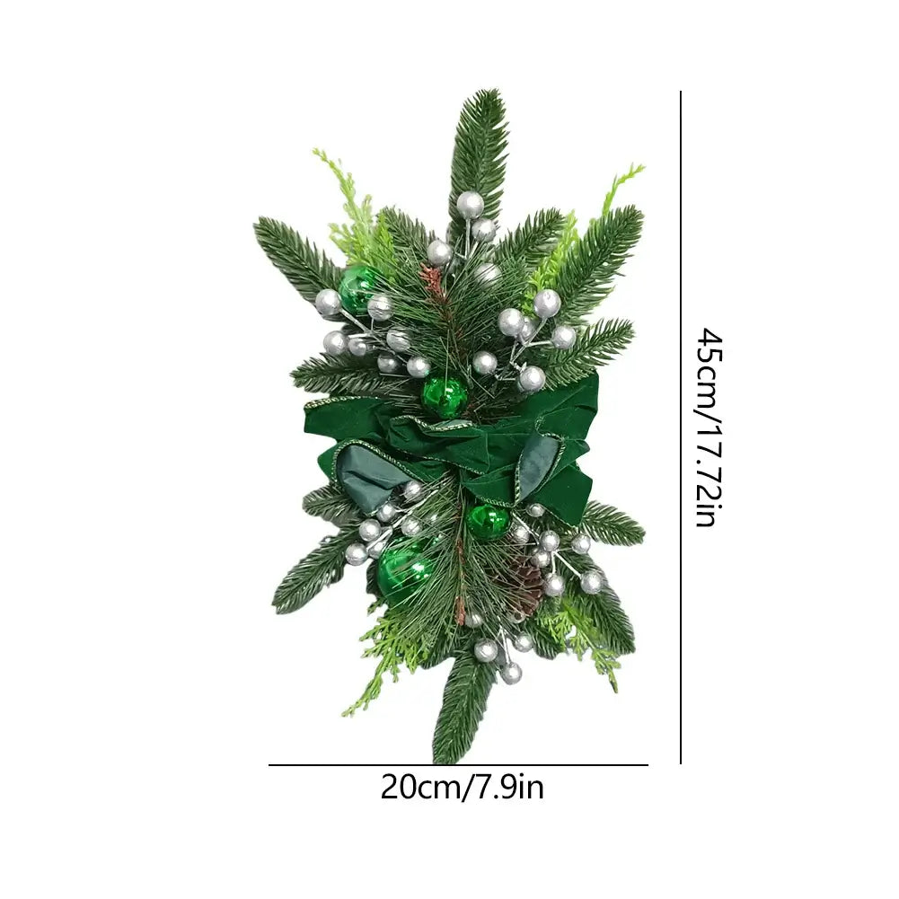 Green bow Christmas Wreath Hanging Pendant with ornaments and LED lights, measuring 45cm x 20cm for holiday decor.