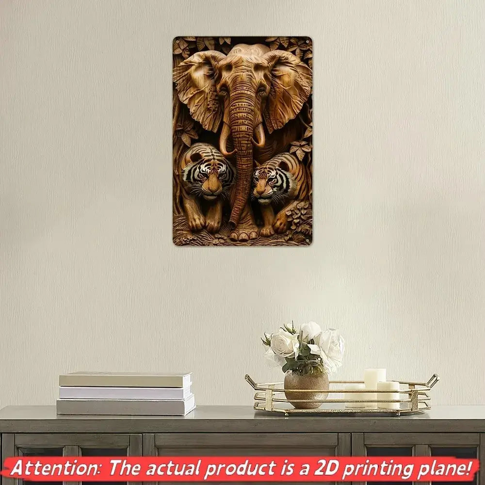 Vintage Elephant & Tigers Metal Sign - 8x12 inch