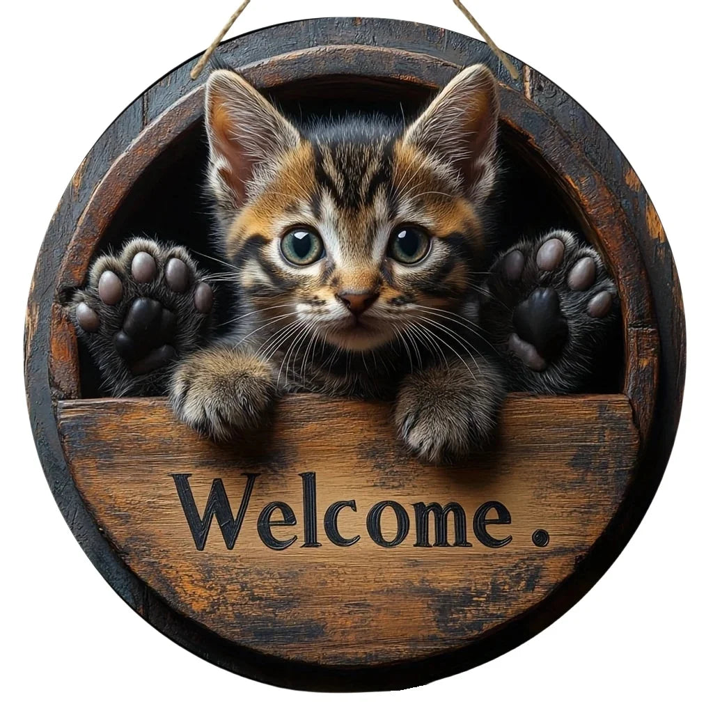 Wood Cat Hanging Decorations 2D Retro Circular