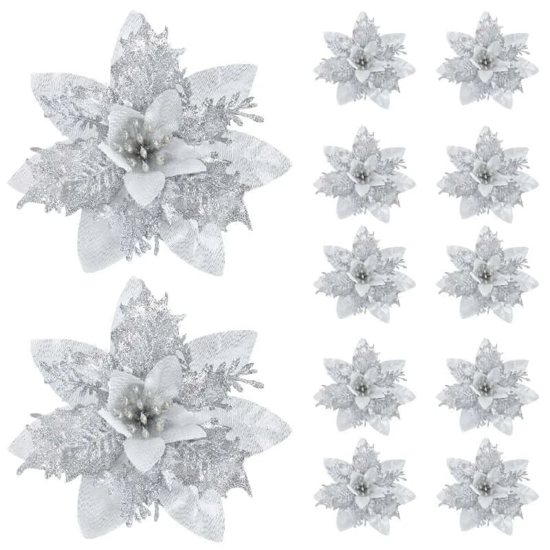 Silver glitter poinsettia ornaments in a 5/10Pcs set. Elegant silver floral decorations for enhancing holiday trees and seasonal displays.