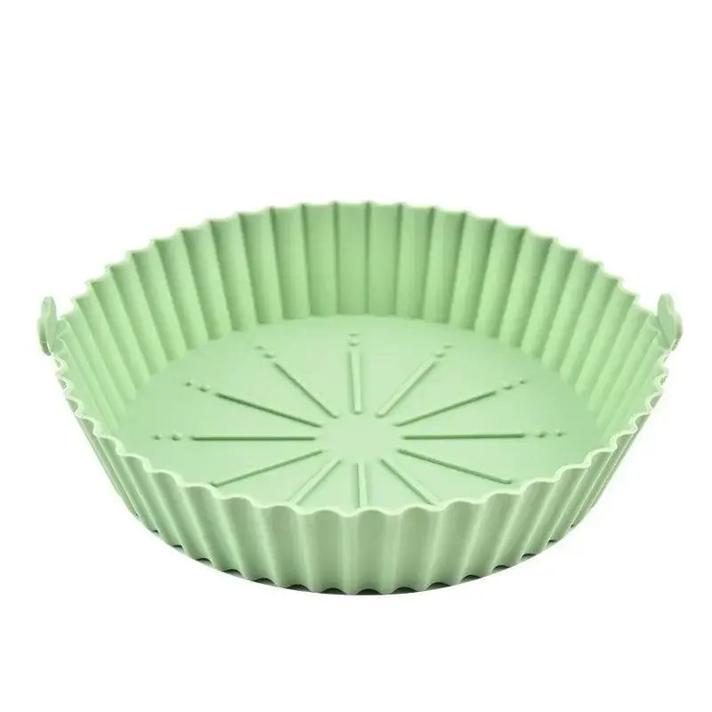 Green air fryer silicone liners pot with flexible, non-stick design. Compatible with most air fryer models and easy to clean.