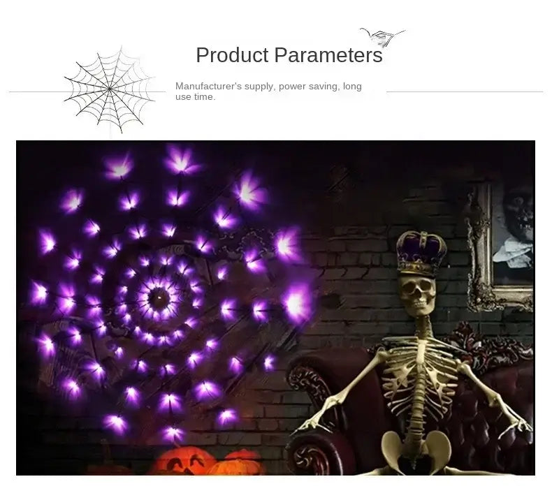 Product parameters for Halloween Ghost LED Light String showing PVC shell, 4.5V voltage, and purple color for holiday use.