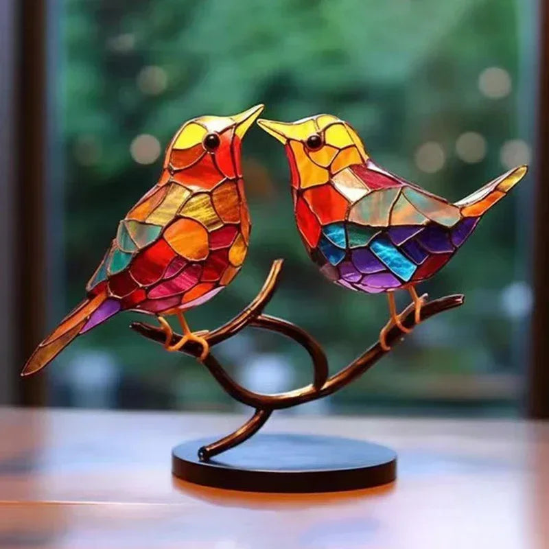Multicolor Birds-Stained Acrylic Birds on Branch Desktop Ornaments Double Sided Multicolor -