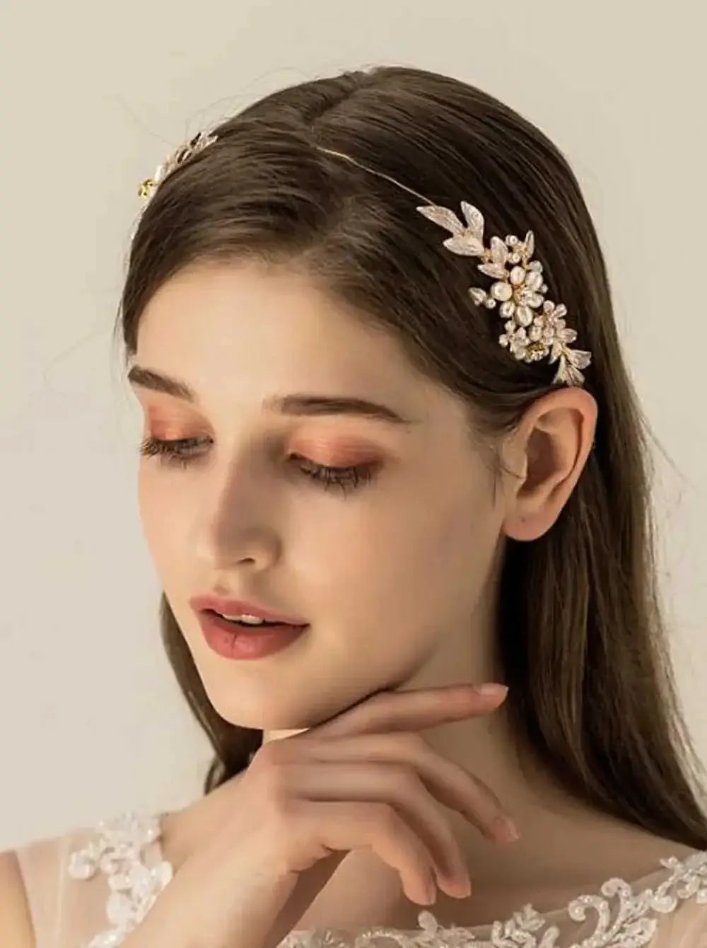 Side profile of model wearing Princess Leaves Hair Accessories, emphasizing its lightweight floral charm for special occasions.