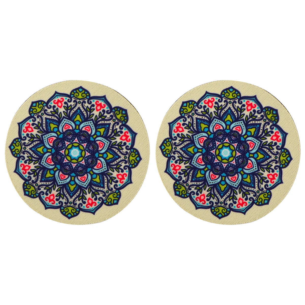 Two beige-based Vintage Mandala Car Cup Mats with blue and red floral design, offering elegant spill protection for car interiors.