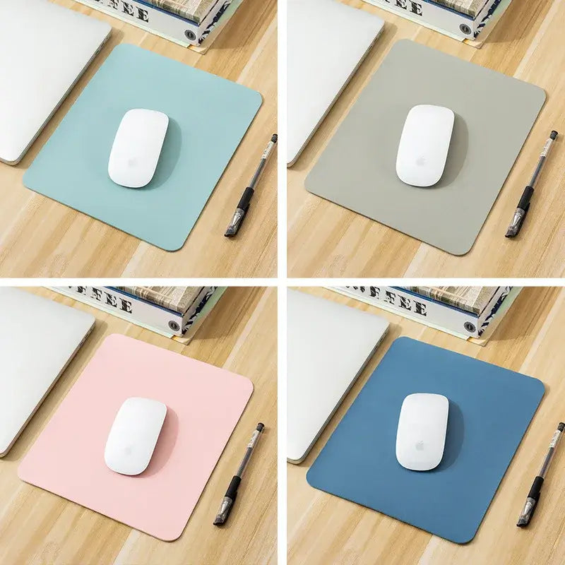 Compact PU Leather Gaming Mouse Pads in pastel tones including blue, taupe, pink, and navy, designed for non-slip desktop use.