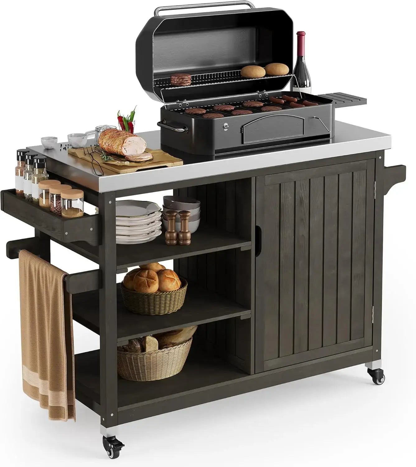 XL Wood Outdoor Grill Cart with stainless steel top, spice rack, and storage cabinet, shown with grill and food setup on patio.