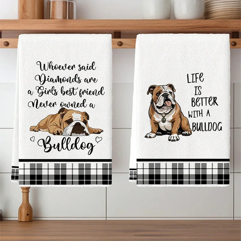 2Pcs, Bulldog Cute Quotes Kitchen Towels Set