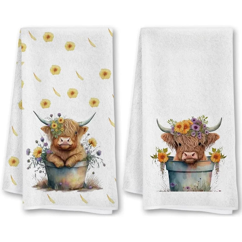 2Pcs, Little Yellow Flower Highland Cow Kitchen Towels Set,