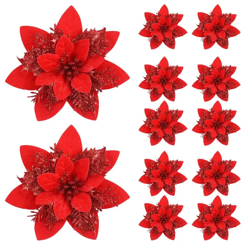 Classic red glitter poinsettia ornaments in a 5/10Pcs set. Bold and festive floral accents for Christmas tree and holiday decor.
