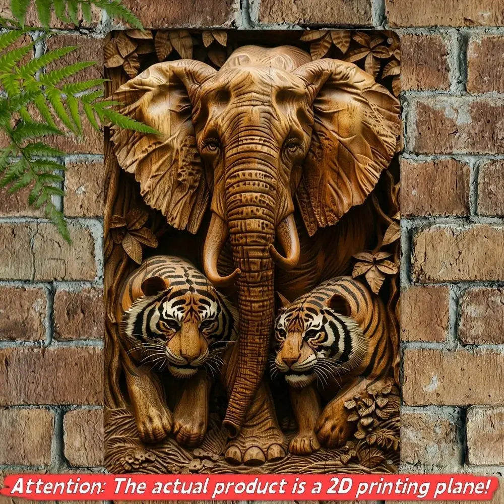 Vintage Elephant & Tigers Metal Sign - 8x12 inch