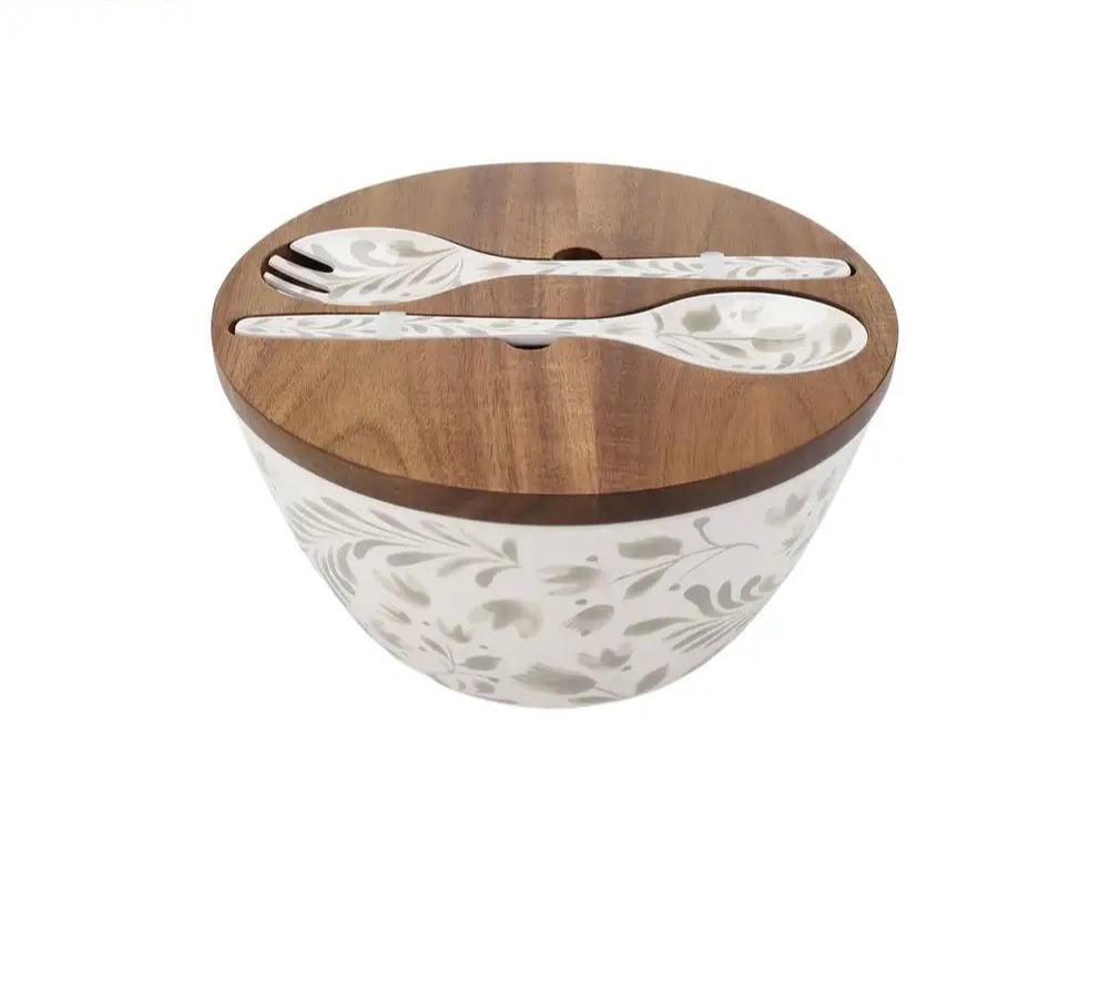 Bamboo Melamine Salad Bowl - 4 Piece Set with floral design, wooden lid, and matching utensils for stylish indoor or outdoor dining.
