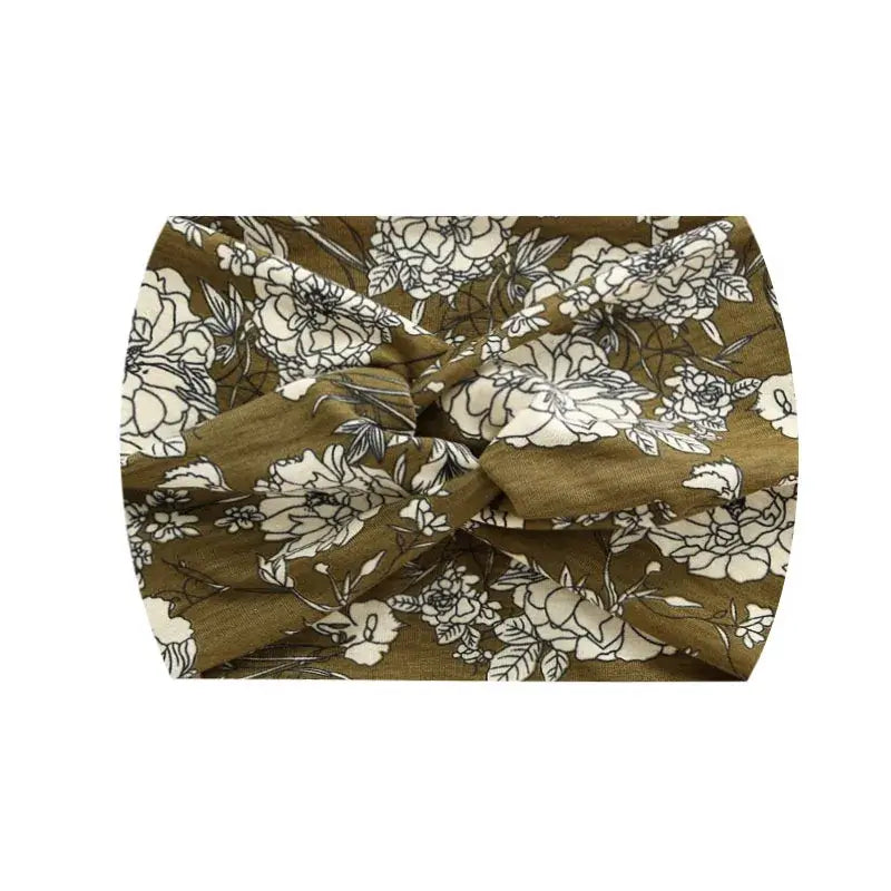 Olive green floral 18CM stretch printed headband with white flowers. Lightweight and breathable for daily use.