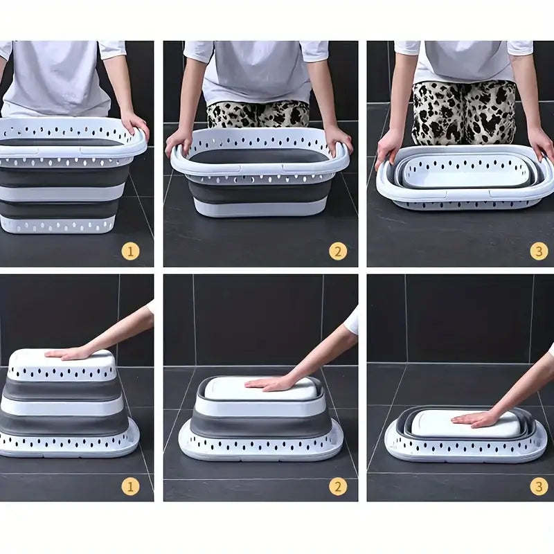 Step-by-step folding process of collapsible laundry basket, demonstrating easy storage and space-saving functionality.