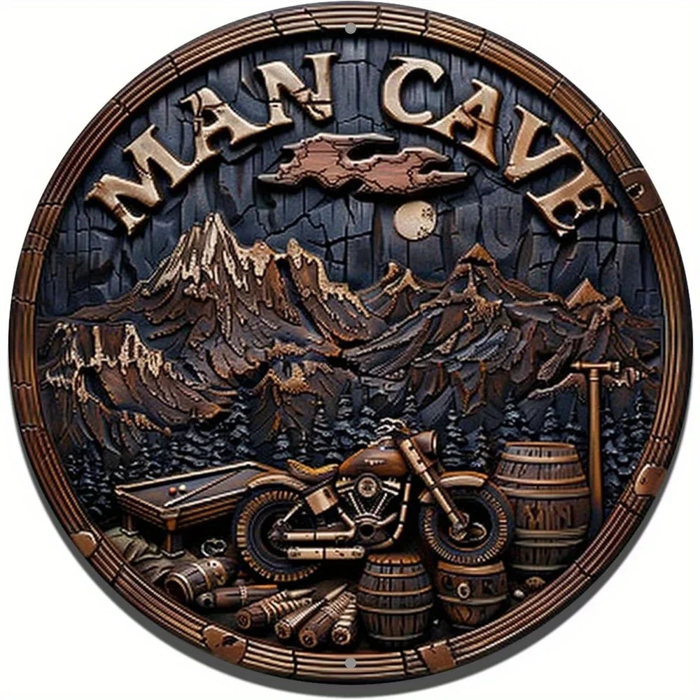 Vintage Metal Man Cave Sign with motorcycle and mountain design, made of rustproof aluminum for garage or bar wall decor.