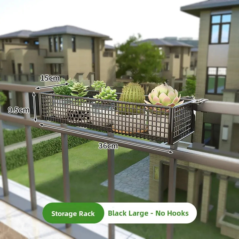Black large Balcony Plant Stand Windowsill without hooks, measuring 36cm. Ideal for displaying plants on narrow railings.