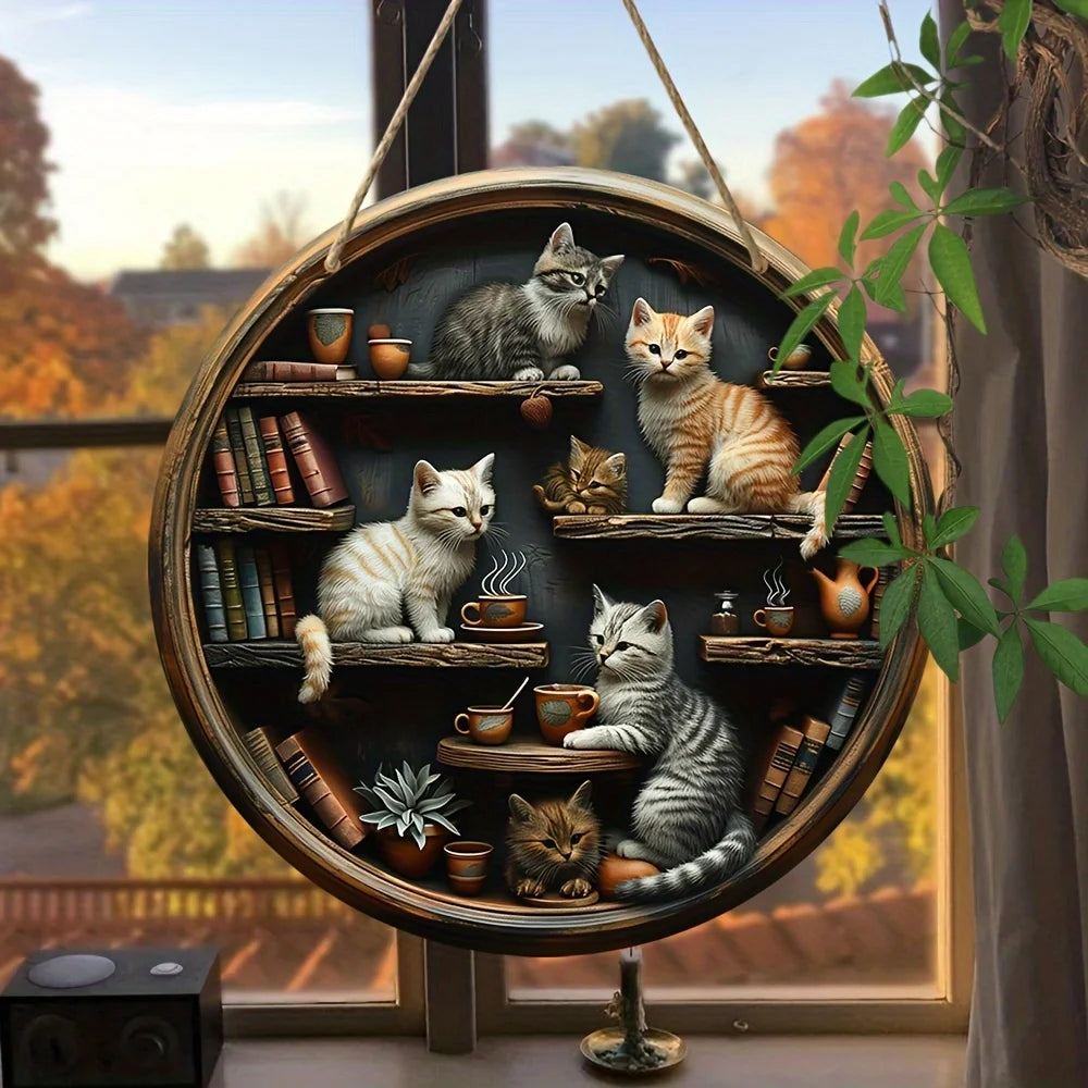 Whimsical cat in library wall art