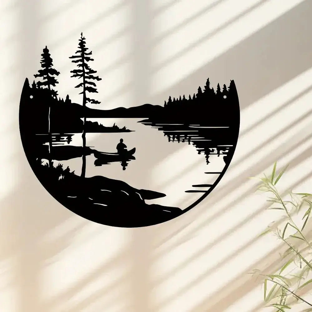 Bohemian metal wall art featuring a scenic lake and mountain silhouette with a canoeist, ideal for modern home decor in living spaces.