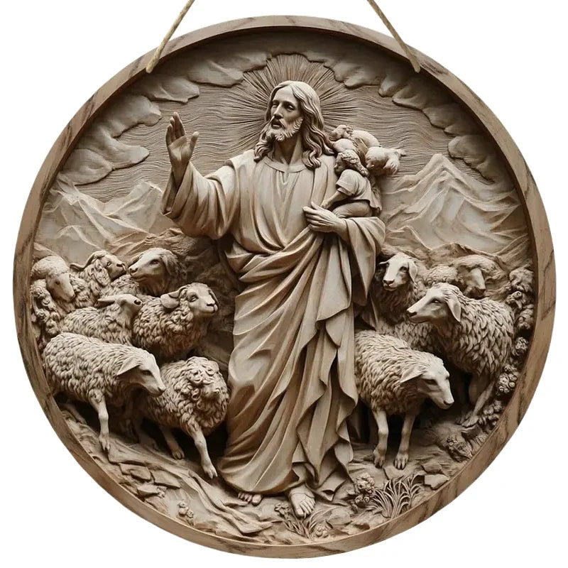 2D Retro Jesus Sign - Wooden Welcome with Jesus among sheep in a mountainous scene, enhancing rustic Christmas decorations.