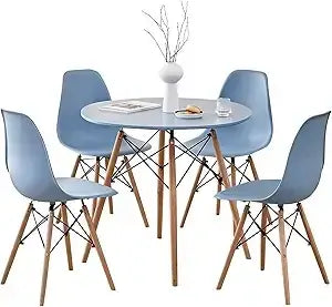 Blue 5-piece round dining table set with matching chairs and wood legs, combining style and functionality for small dining areas.